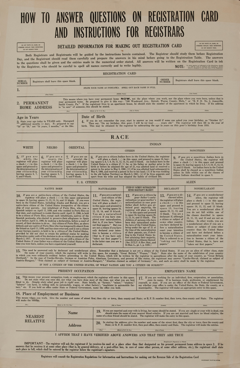 How to Answer Questions on Registration Card and Instructions for Registrars Original WWI Draft Registration Poster