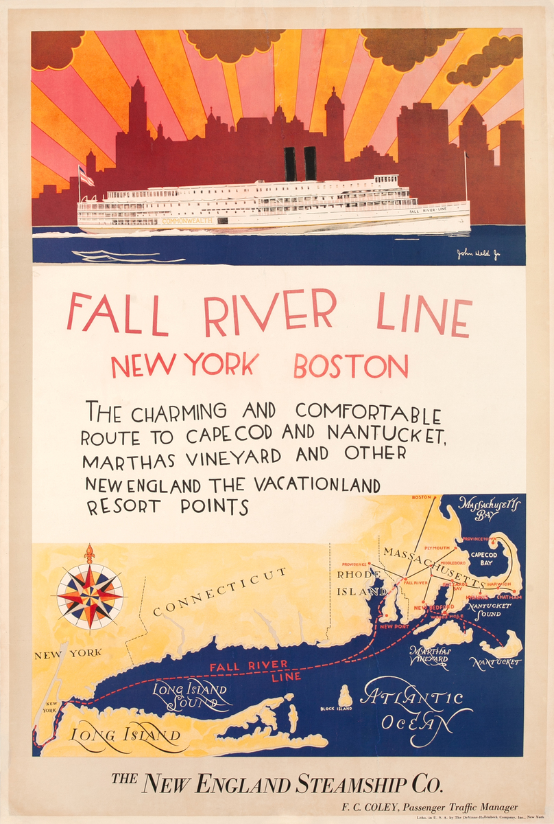 Fall River Line New York Boston Original New England Steampship Co. Travel Poster