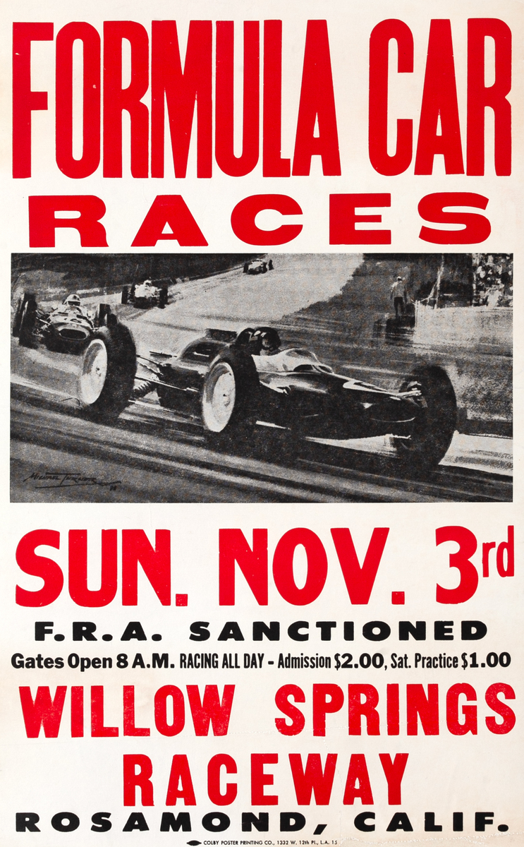 Formula Car Races Willow Springs Raceway Original F1 Racing Poster