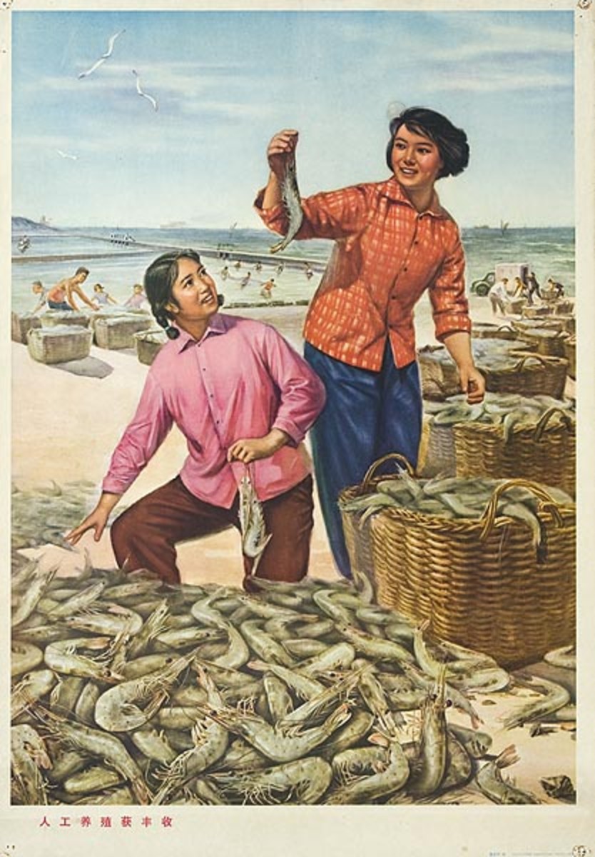 Original Chinese Cultural Revolution Poster Shrimp Harvest