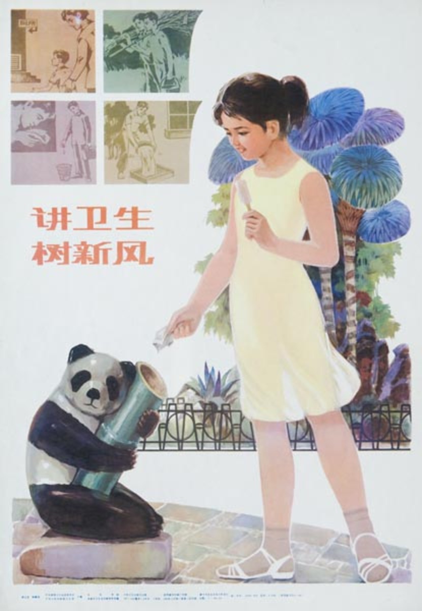 Talk about Hygiene and Fresh Air Original Chinese Public Health Poster Girl With Panda