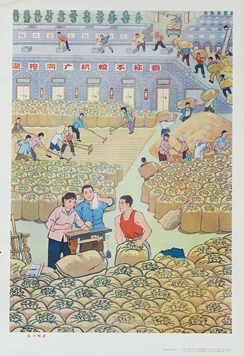 Original Chinese Cultural Revolution Poster Weighing Grain