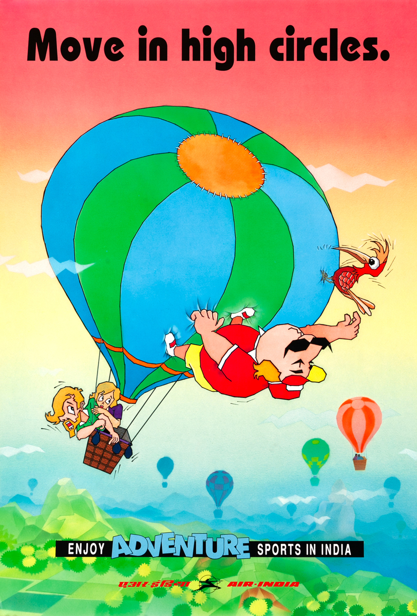 Air India Travel Poster, Move in high circles Hot Air Ballooning 