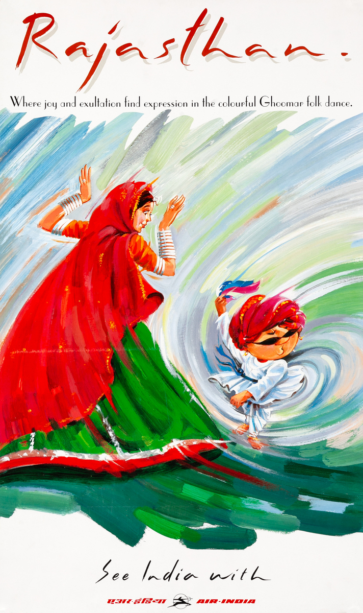 Air India Travel Poster - Rajasthan Where joy and exultation find expression in the colorful Ghoomar folk dance. 