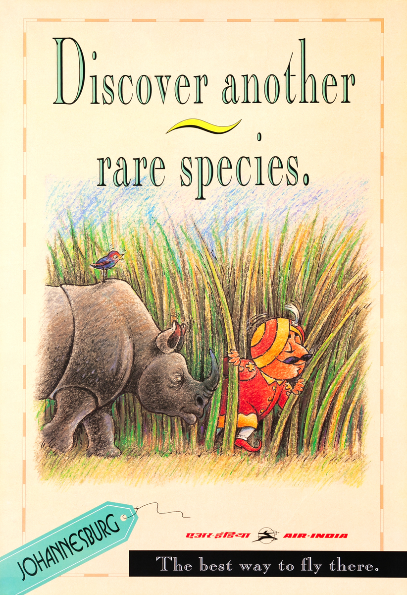 Air India Travel Poster - Discover another rare species. Johannesburg The best way to fly there. 