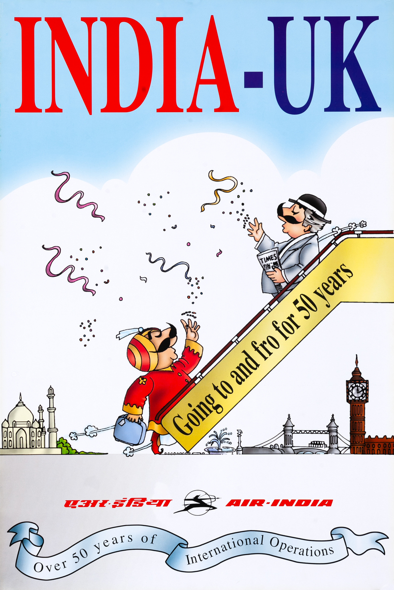 Air India Travel Poster  India- UK Going to and from for 50 years. 