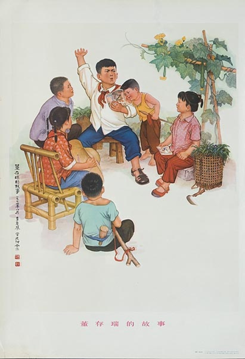 Original Chinese Cultural Revolution Poster Red Scarf Youth Reading to Other Kids