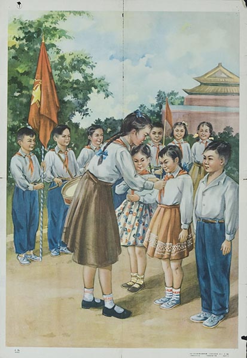Original Chinese Cultural Revolution Poster Red Scarf Youth lined up