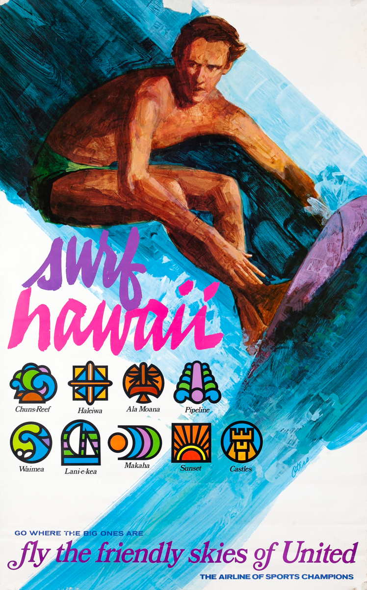Surf Hawaii Fly the Friendly Skies of United Original United Airlines Travel Poster