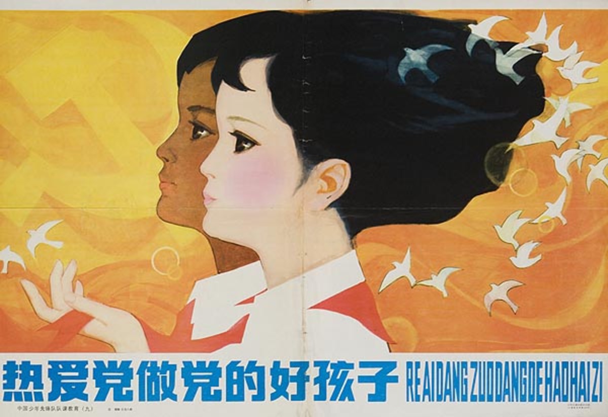 Original Chinese Cultural Revolution Poster Kids With White Doves