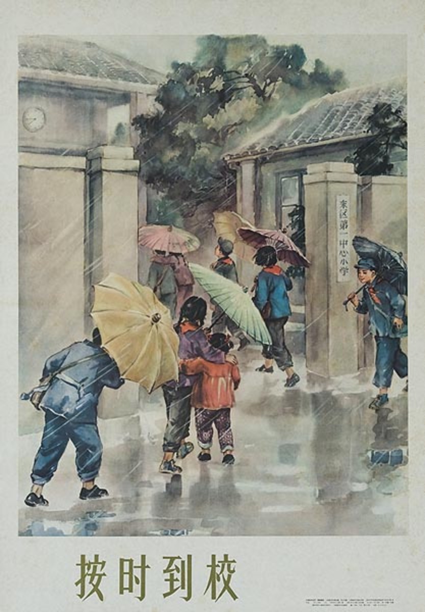 Arrive on Time - Original Chinese propaganda Poster Going to School in the Rain