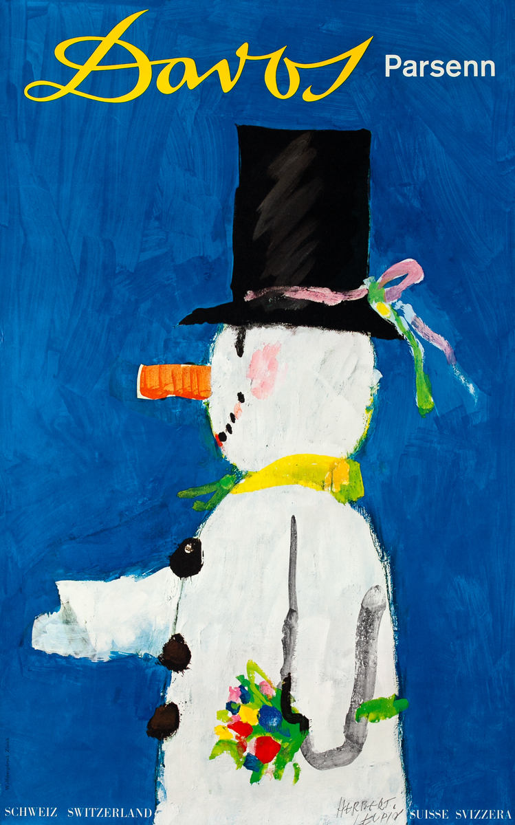 Davos Parsenn Switzerland Snowman Original Winter Poster
