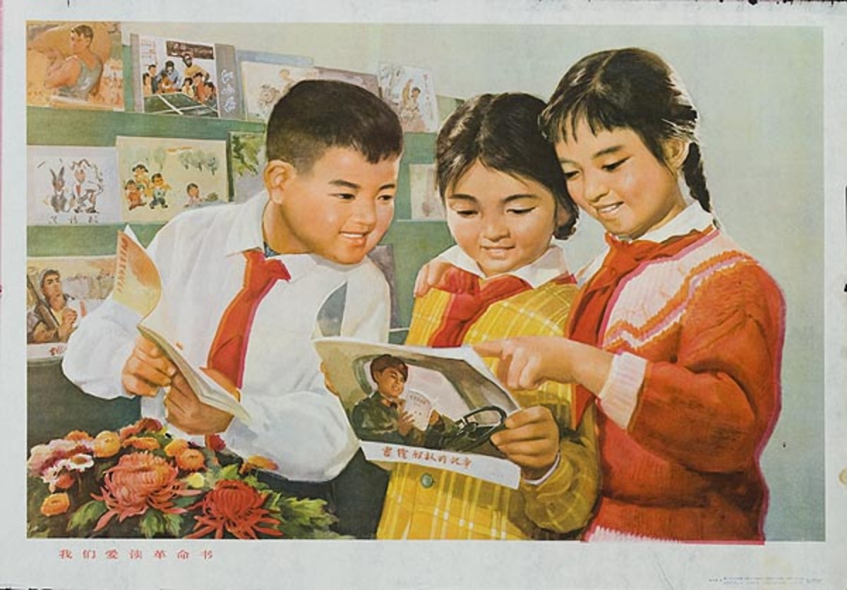 Original Chinese Cultural Revolution Poster Kids Reading about Famous Comrade