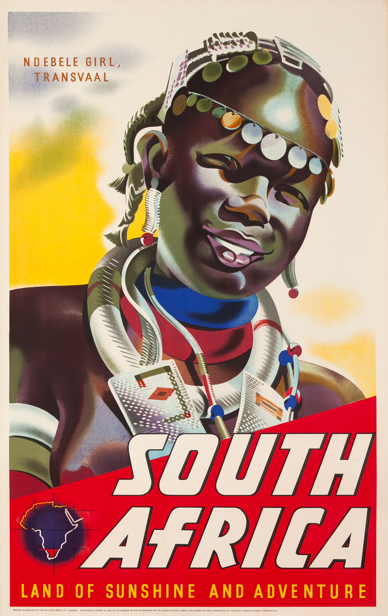 South Africa Land of Sunshine and Adventure Original Travel Poster Ndebele Girl, Transvaal 