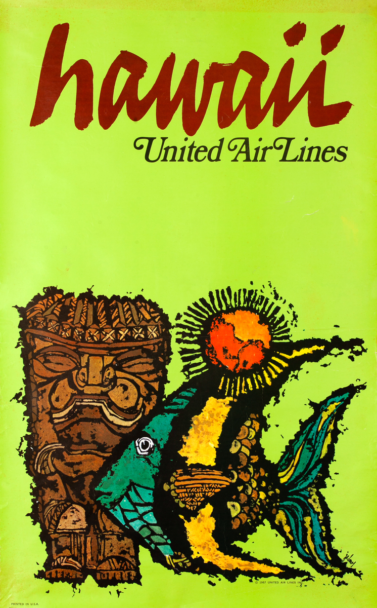 United Airlines Hawaii Poster Tiki - Angelfish -Sun