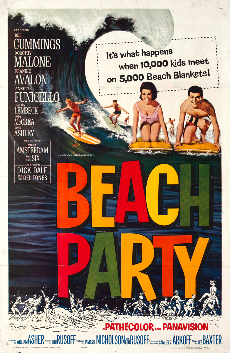 BEACH PARTY 1sh Movie Poster Frankie Avalon & Annette Funicello riding a wave on surf boards!