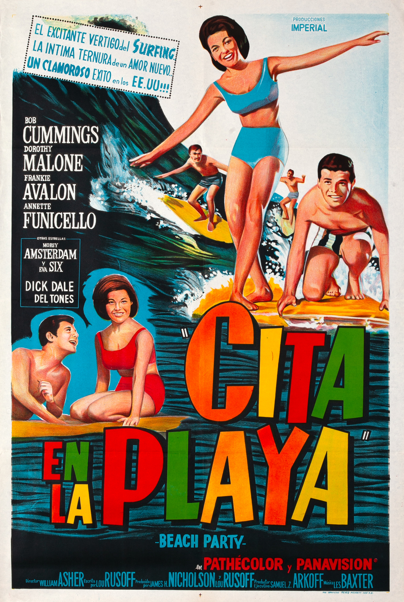 Beach Party Argentinean  one-sheet movie poster Frankie Avalon & Annette Funicello riding a wave on surf boards!