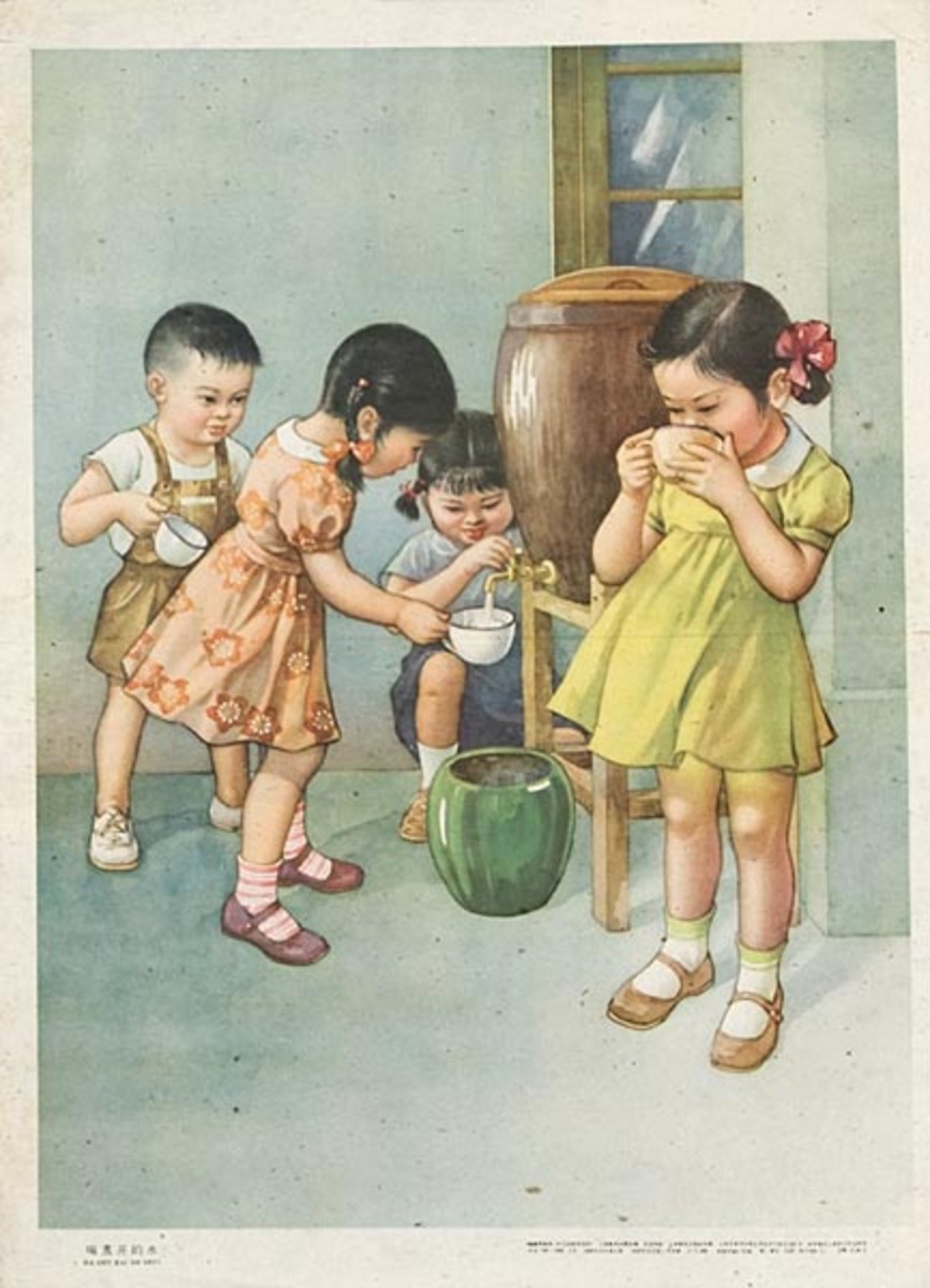 Original Chinese Cultural Revolution Poster Kids Getting Water in School