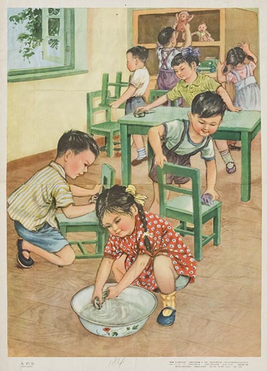 Original Chinese Cultural Revolution Poster Kids Washing Furniture in School