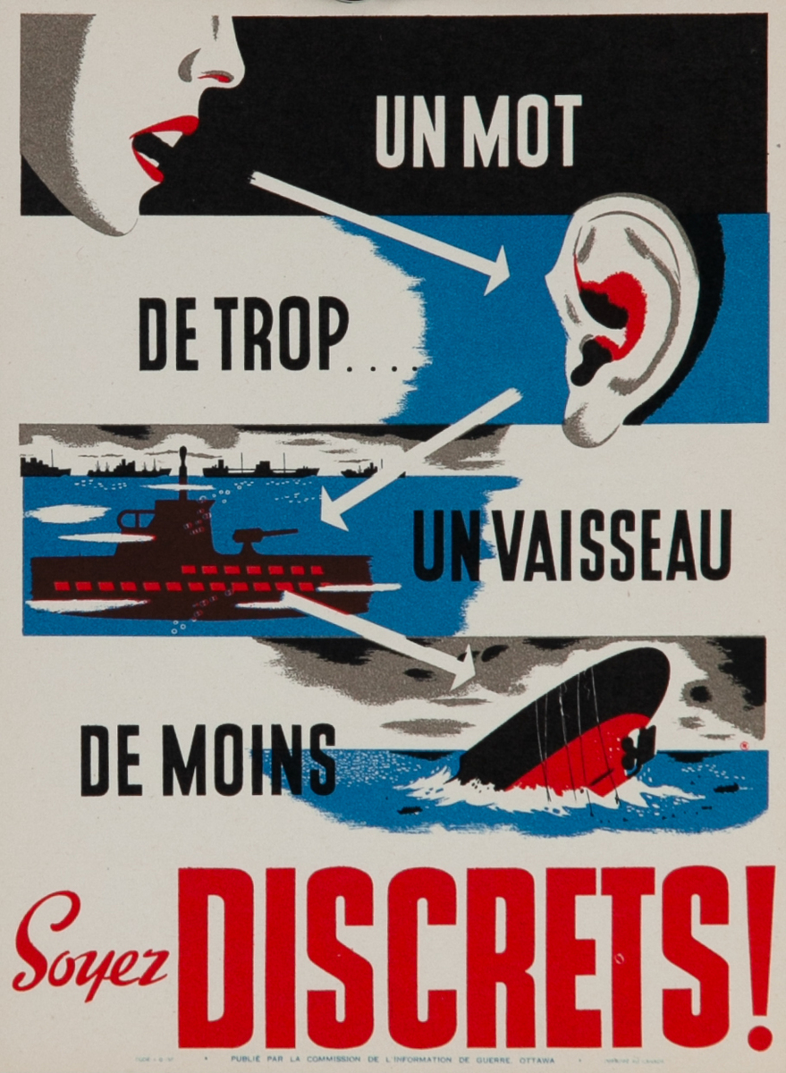 Un Mot De Trop  Un Vaisseau De Moins Soyez Discrets One Word Too Much, One Ship Less Be Discreet Small Format French Language WWII Poster 