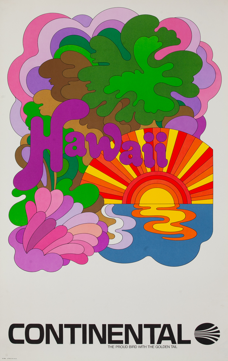 Hawaii Continental Airlines Poster Psychedelic Sunset