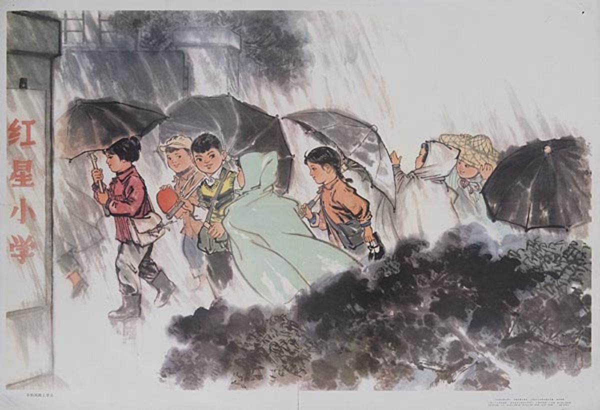 Kids With Umbrellas Original Chinese Cultural Revolution Poster