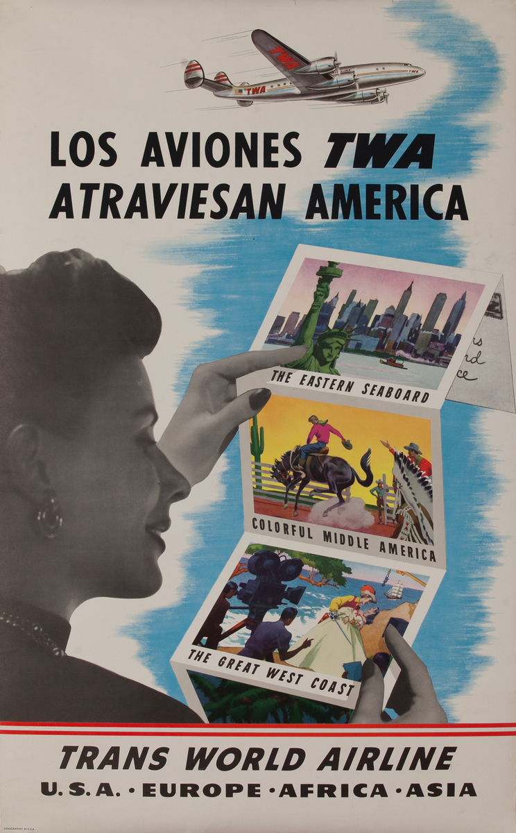 Trans World Airlines TWA USA Europe Africa Asia Spanish Language Travel Poster