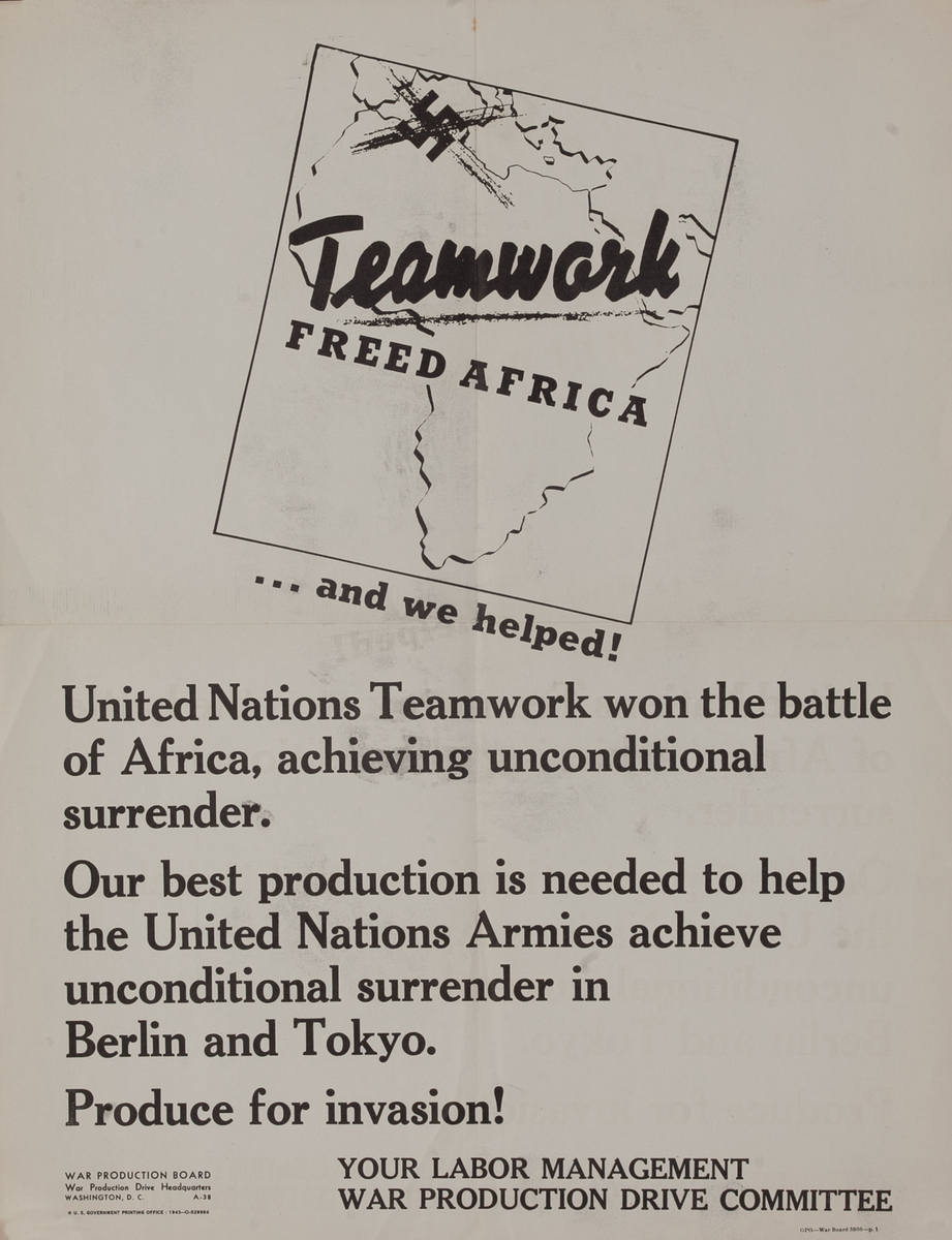 WWII Teamwork Freed Africa American War Production Board Poster 