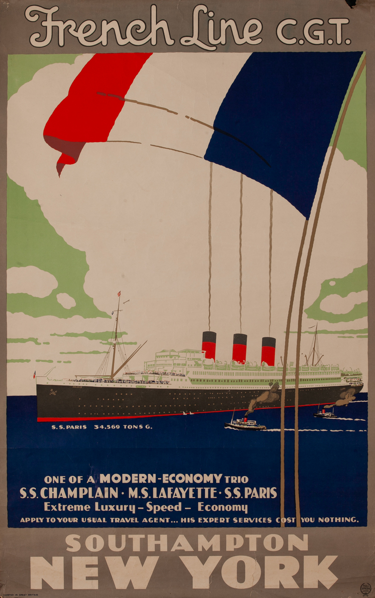 Original French Lines Travel Poster Southampton New York S.S. Paris