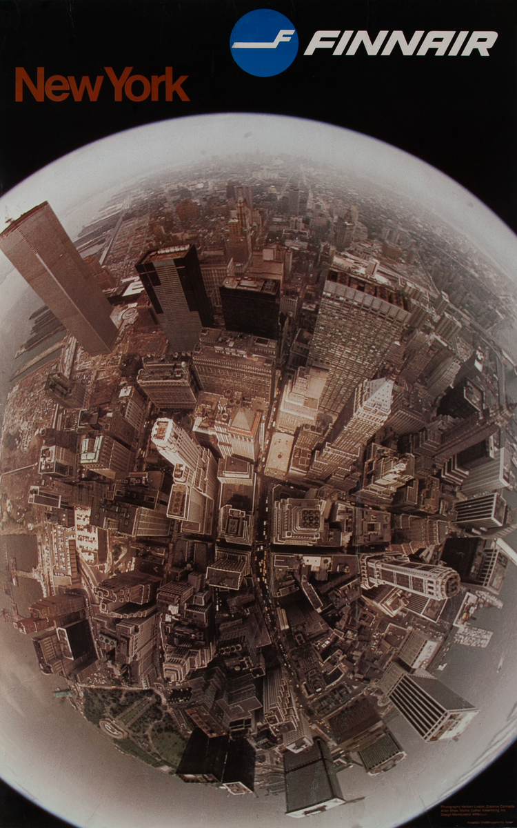 Finnair New York, Fisheye View Lower Manhattan World Trade Center Travel Poster