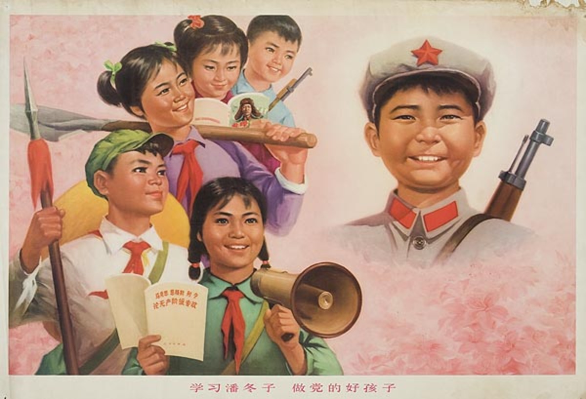 Original Chinese Cultural Revolution Poster Young Kids with Guns and Bullhorn