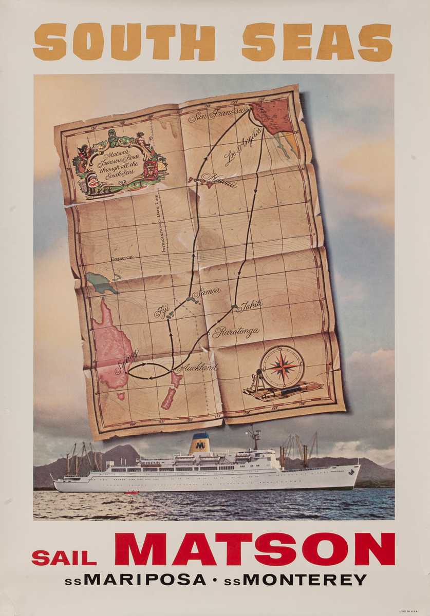 South Seas Sail Maison SS Mariposa SS Monterey Crush Lines Travel Poster
