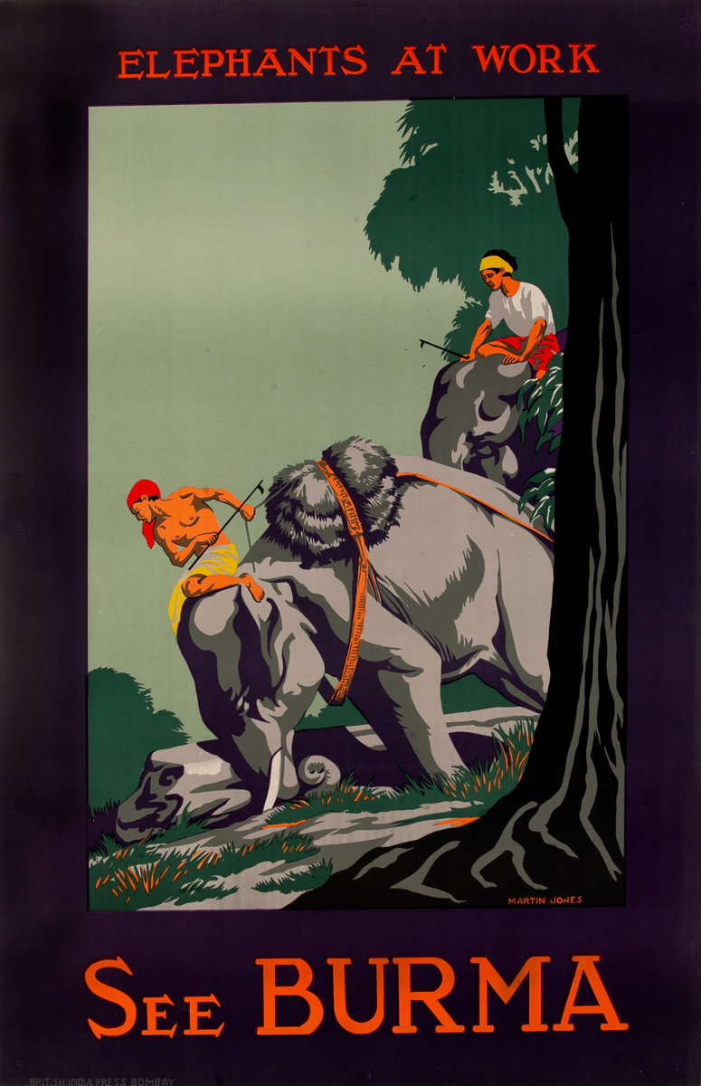 Elephants At Work - See Burma Travel Poster