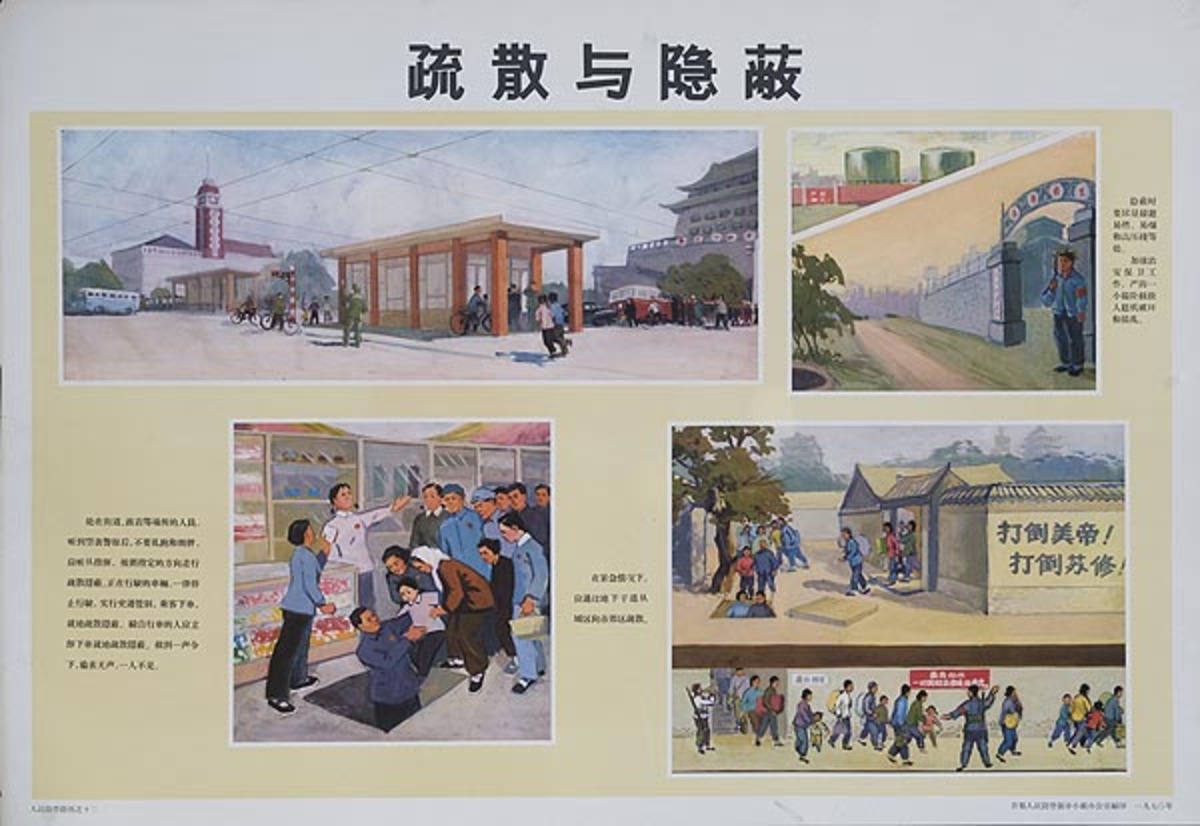 People Entering Underground Shelters Original Chinese Cultural Revolution Civil Defense Poster