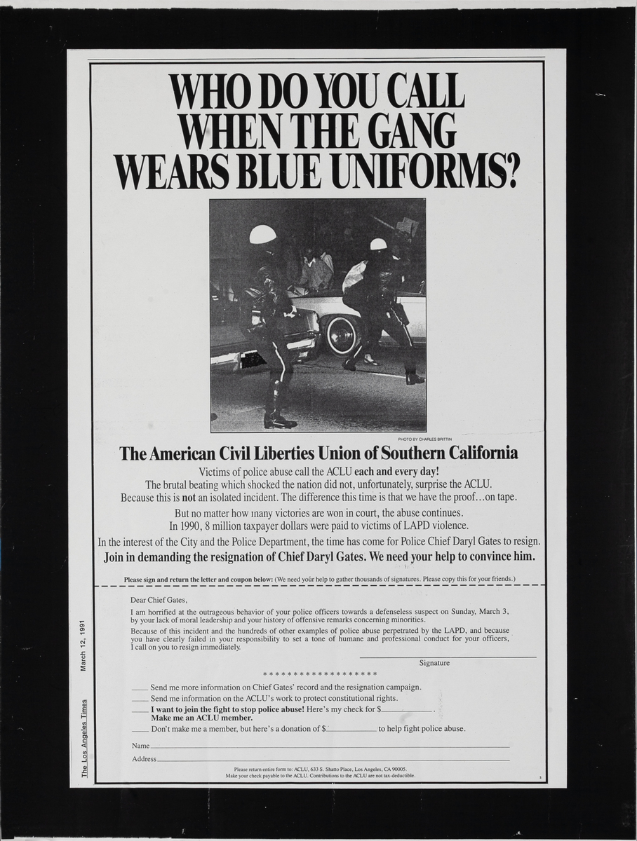 ACLU American Civil Liberties Union Who Do You Call When the Gang Wears Blue Uniforms? Protest Poster 