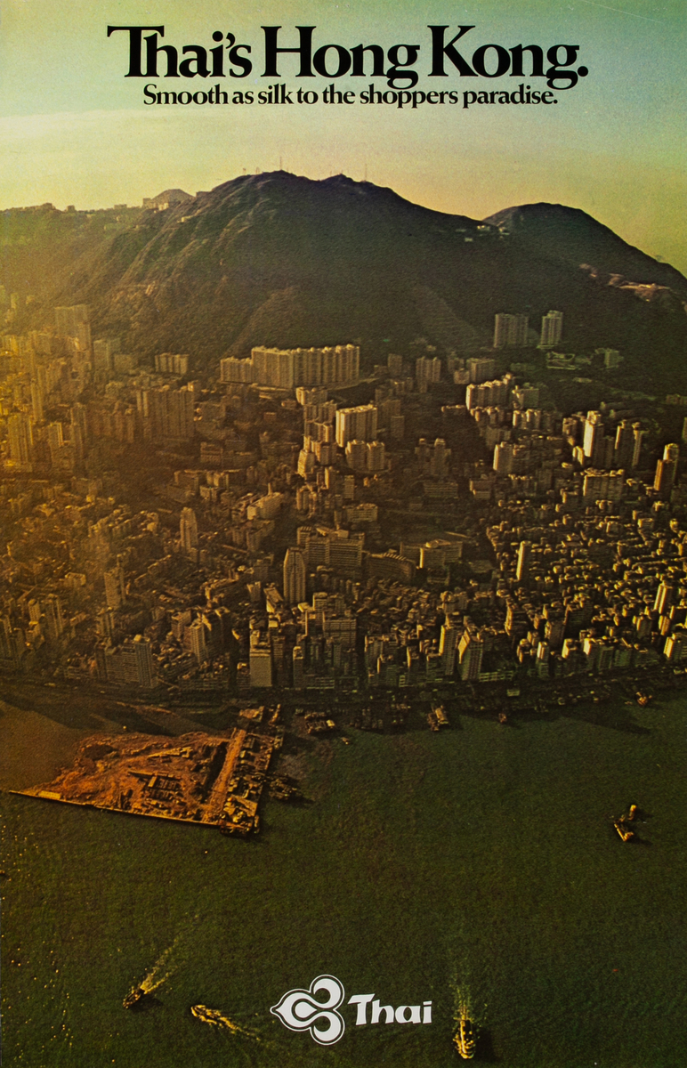 Thai Airlines Travel Poster Hong Kong Harbor Aerial View
