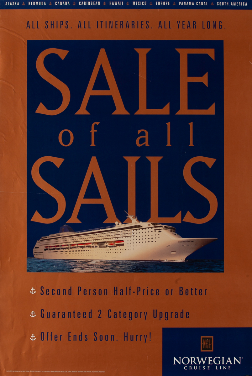 Sale of all Sails, Norwegian Cruise Lines Travel Poster 
