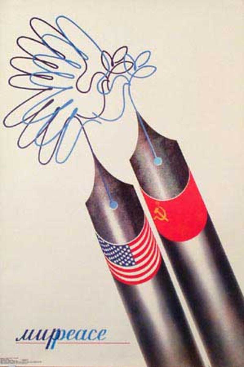 Fountain Pens Writing Peace in Several Languages Russian USSR Original Political Cold War Propaganda Poster