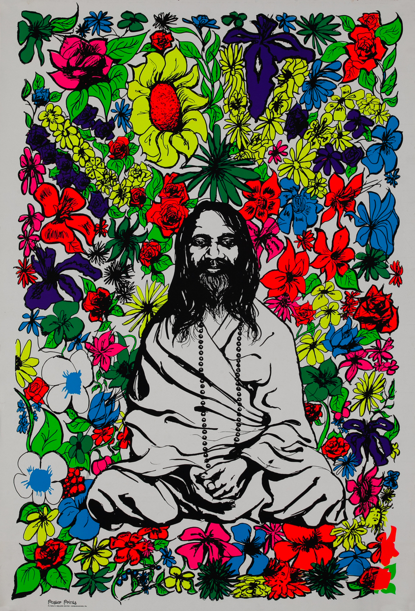 Original Vintage 60s Protest Hippy Poster, Maharishi Love Flowers