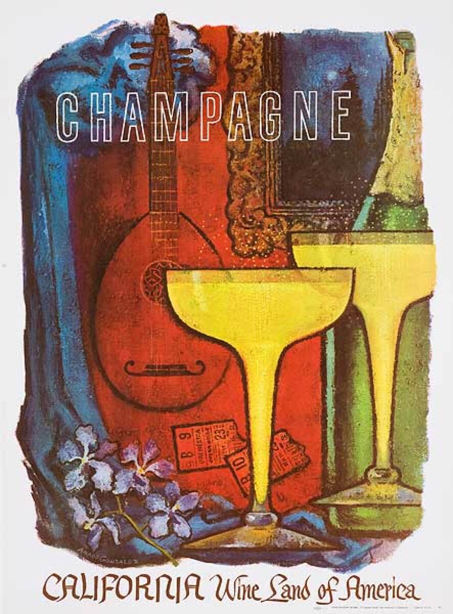 California, Wine Land of America, Original American Wine Land Promotion Advertising Poster Champagne