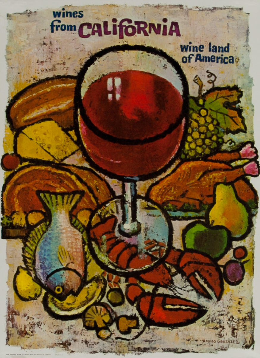 California, Wine Land of America, Original American Wine Promotion Advertising Poster Food