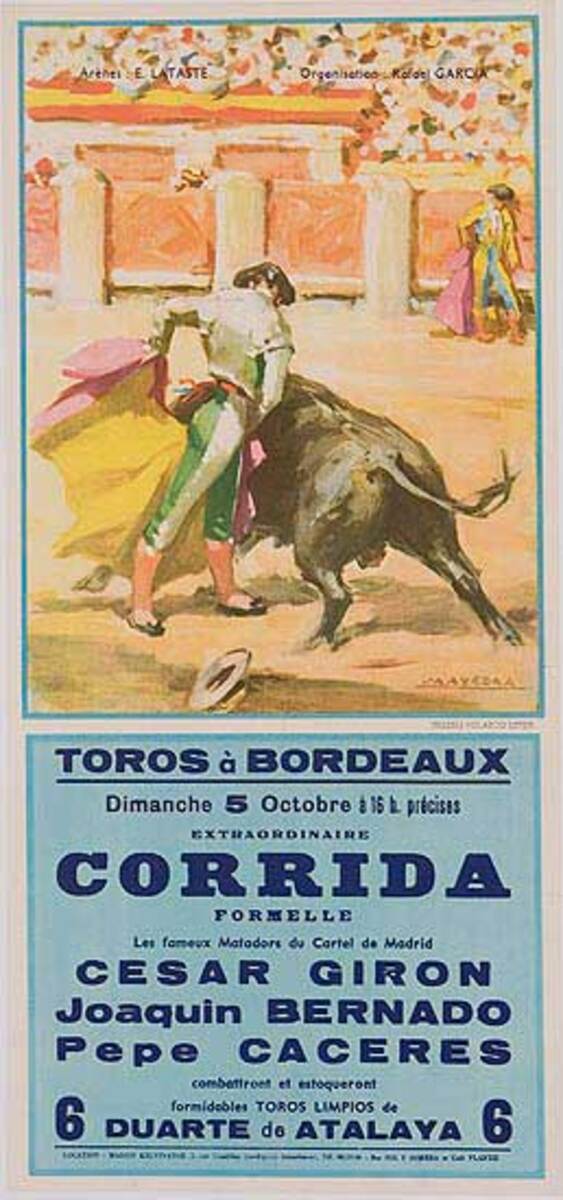 Bullfight Original Sport Poster 5 Octobre Toros a Bordeaux Cesar Giron bull