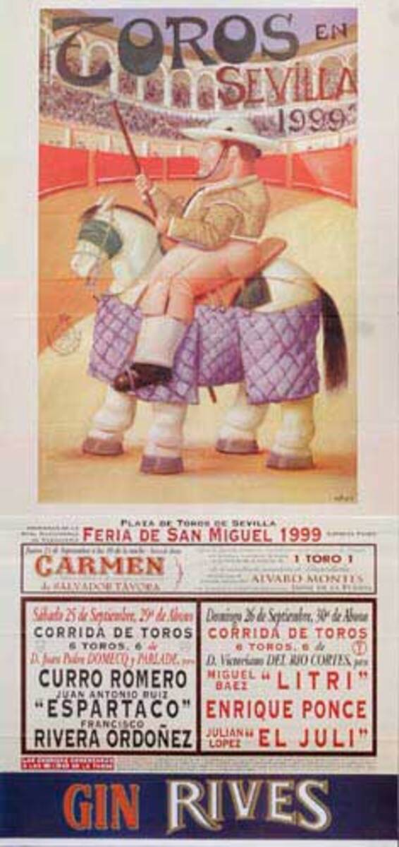 Sevilla Spain Original Spanish Bullfight Poster 1999 Botero xxl