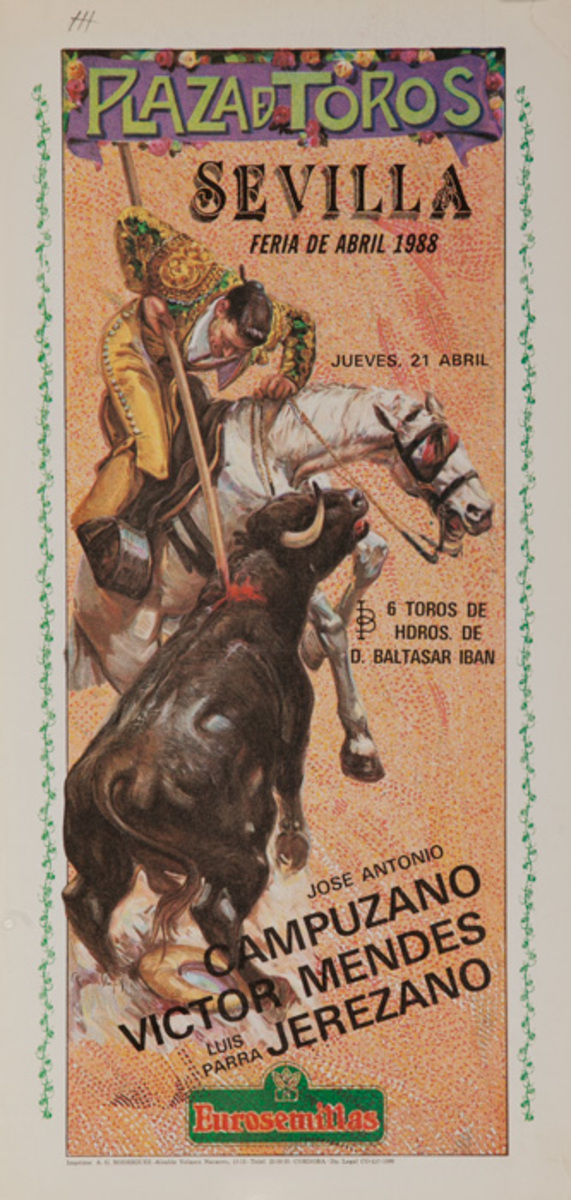 Sevilla Spain Original Spanish Bullfight Poster Abril 1988 Campuzano