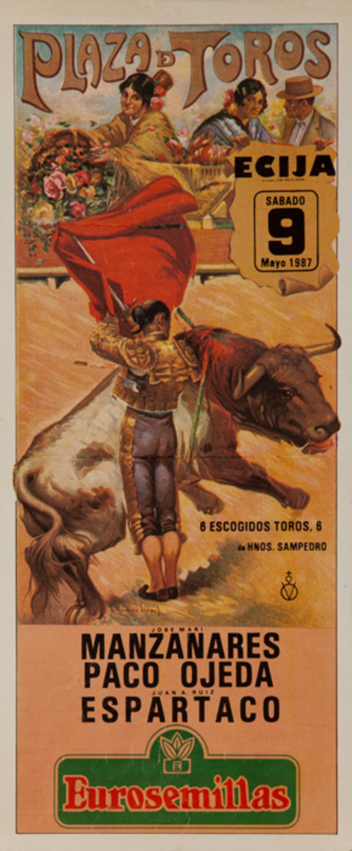 Sevilla Spain Original Spanish Bullfight Poster Manzanares, Paco Ojeda, Espartaco