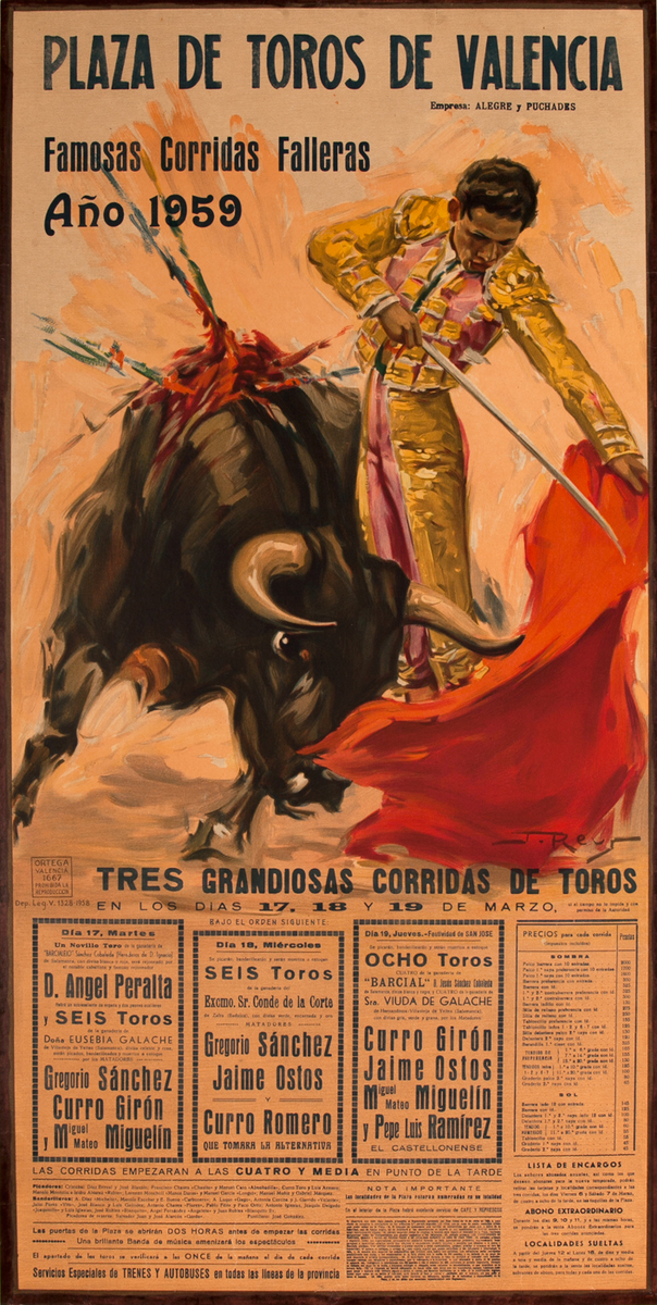 Plaza Toros De Valencia Ano 1959 Original Spanish Bullfight Poster