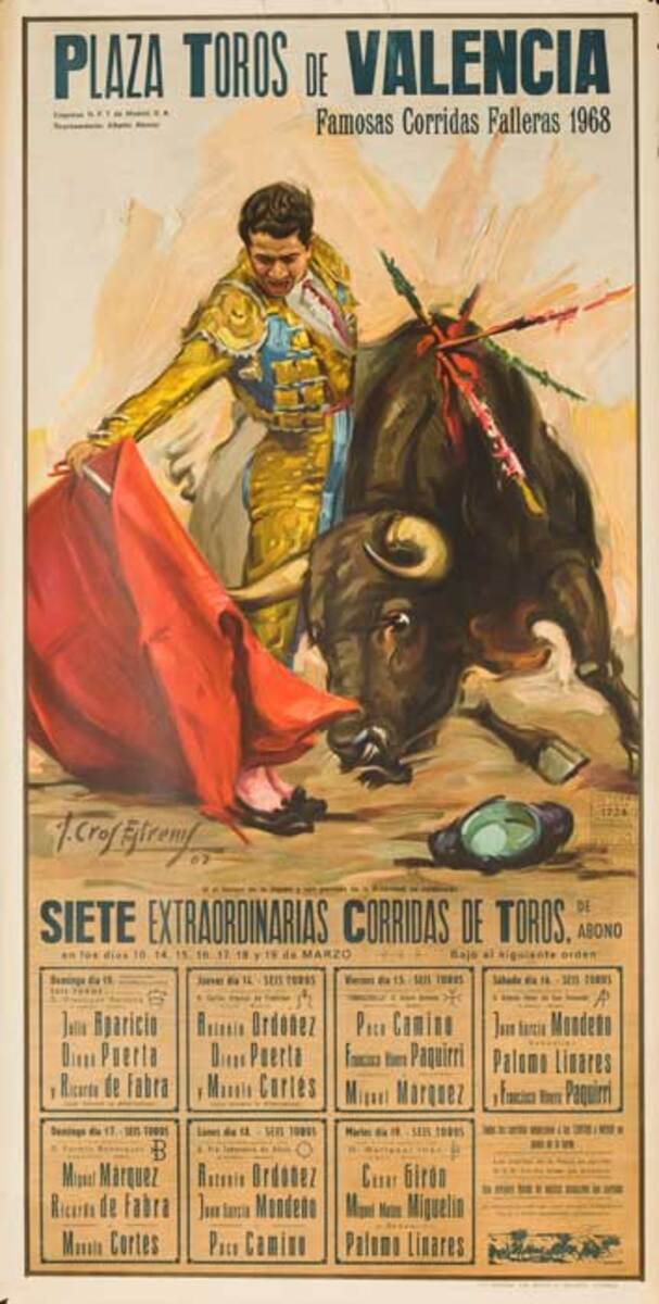 Plaza Toros De Valencia Famosa Corridas Original Spanish Bullfight Poster