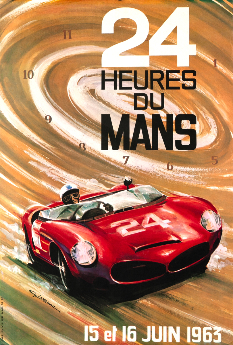 1963 Original 24 Hours Le Mans Formula 1 Auto Racing Poster F1