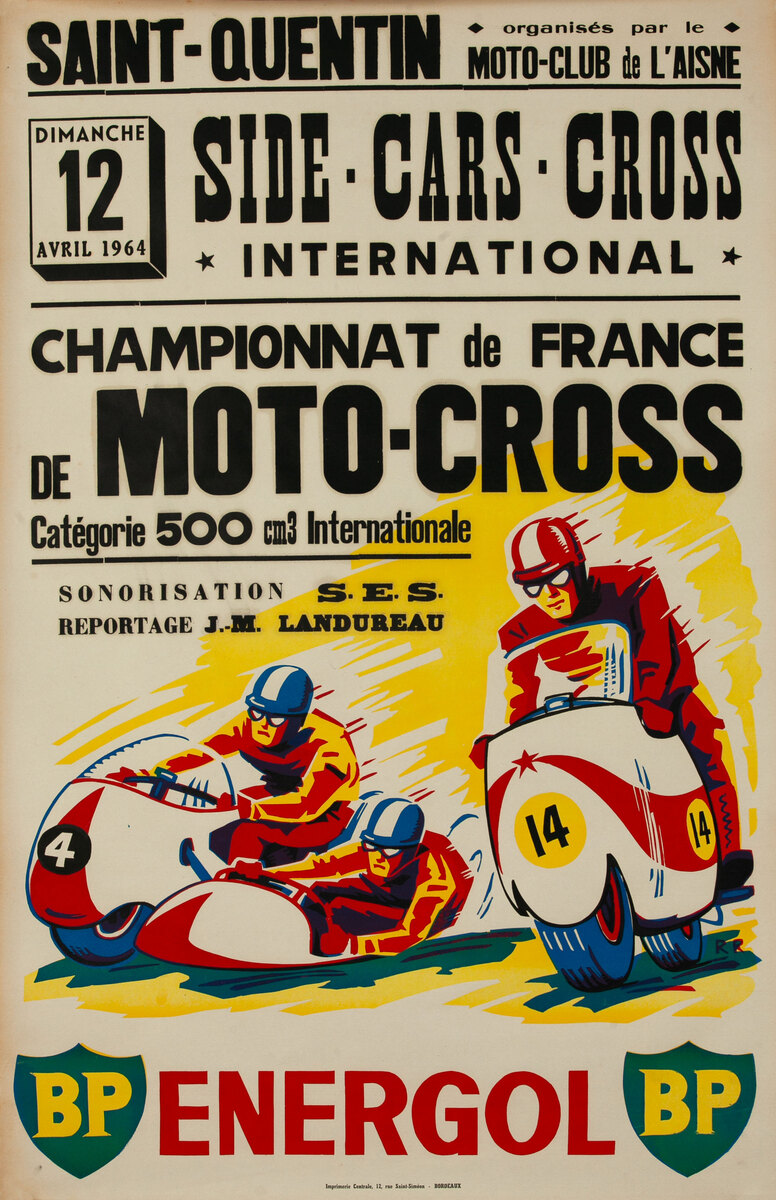 Motocross Side Car Cross Original Vintage Motorcycle Racing Poster April 12, 1964 BP