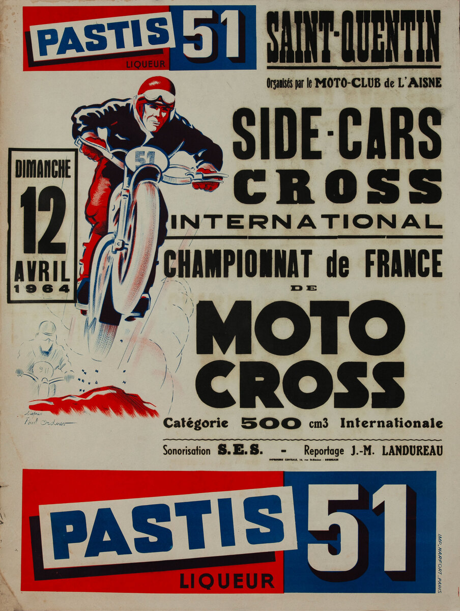 Motocross Side Car Cross Original Vintage Motorcycle Racing Poster April 12, 1964 Pastis 51